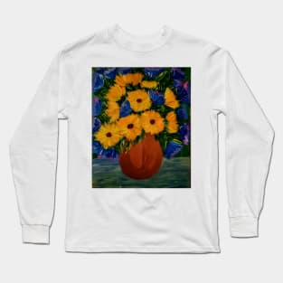 Some blue flowers and sunflowers in a bronze vase Long Sleeve T-Shirt